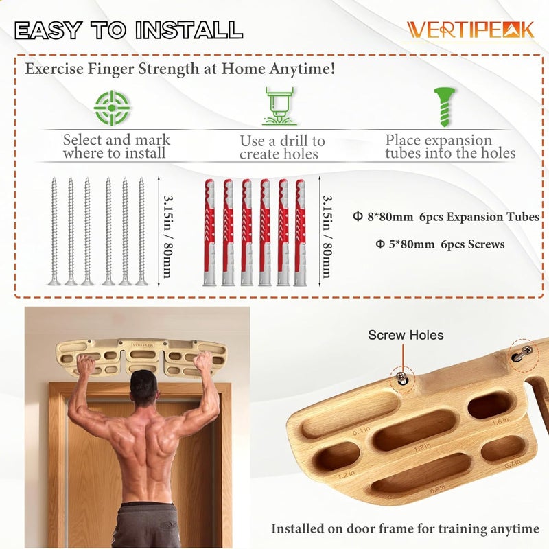 VERTIPEAK Store Wooden Climbing Hangboard with 2 Angle Slopes (15° & 45°) & 5 Depths Pockets, Rock Climbing Board for Finger Strength, Hanging Practice, Grip Endurance and Pull-up Training Indoor - Image 5